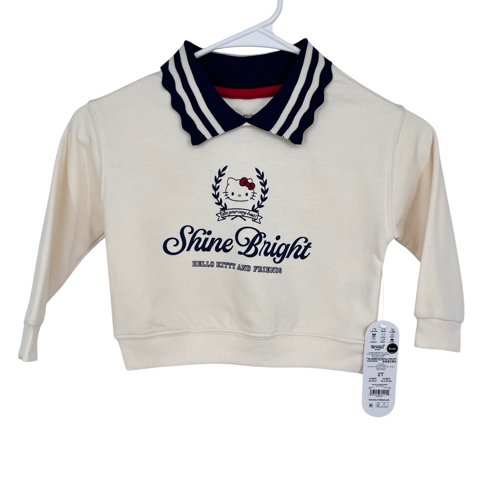 Hello Kitty Sanrio Sweatshirt Kids 2T Ivory Preppy Scalloped Polo Collar